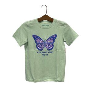 Life Is Good Butterfly Print Crusher Tee Kids Medium Crew Sage Green Cotton NEW